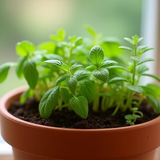 Vaso con piccole piante di erbe aromatiche